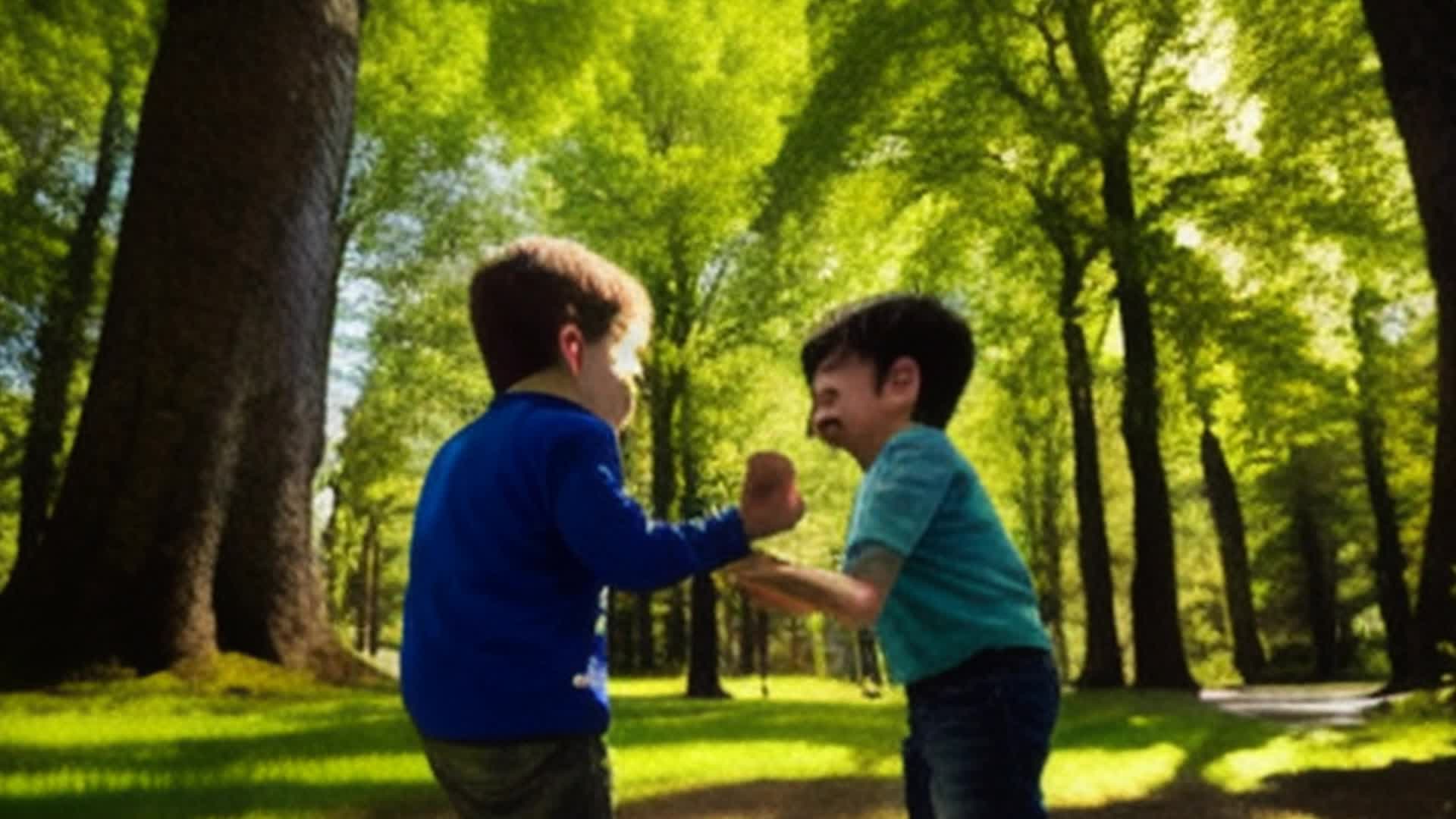 Two little brunette boys wrestling energetic little brunette girl wide angle lush green park with tall trees nearby sunny day shadows dancing ground