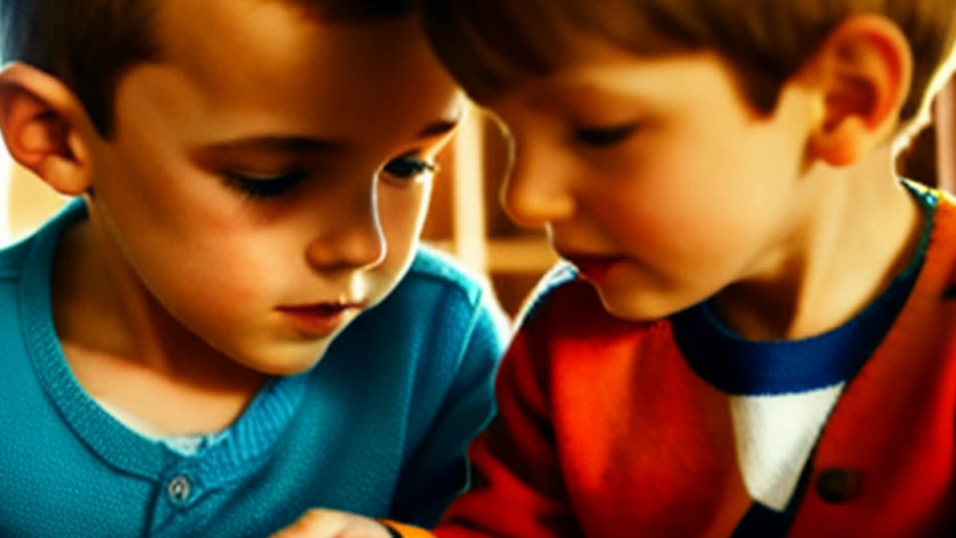 Two little brunette boys one little brunette girl fighting with blonde mother brunette father Close up Cozy living room full of colorful toys books family photos on the walls sun pouring through large windows