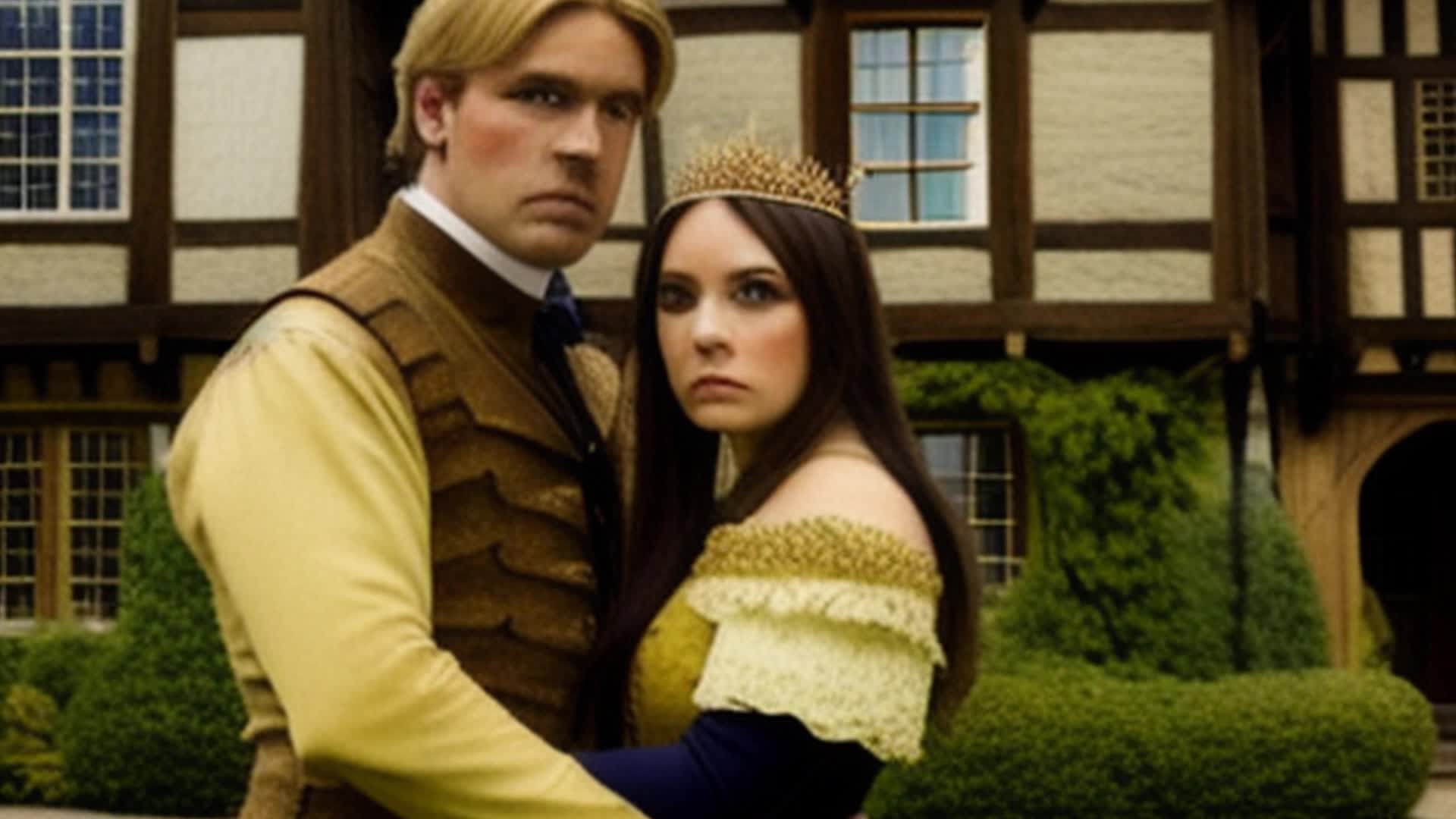 unhappy blonde woman and brunette man posing in front of an English tudor style house