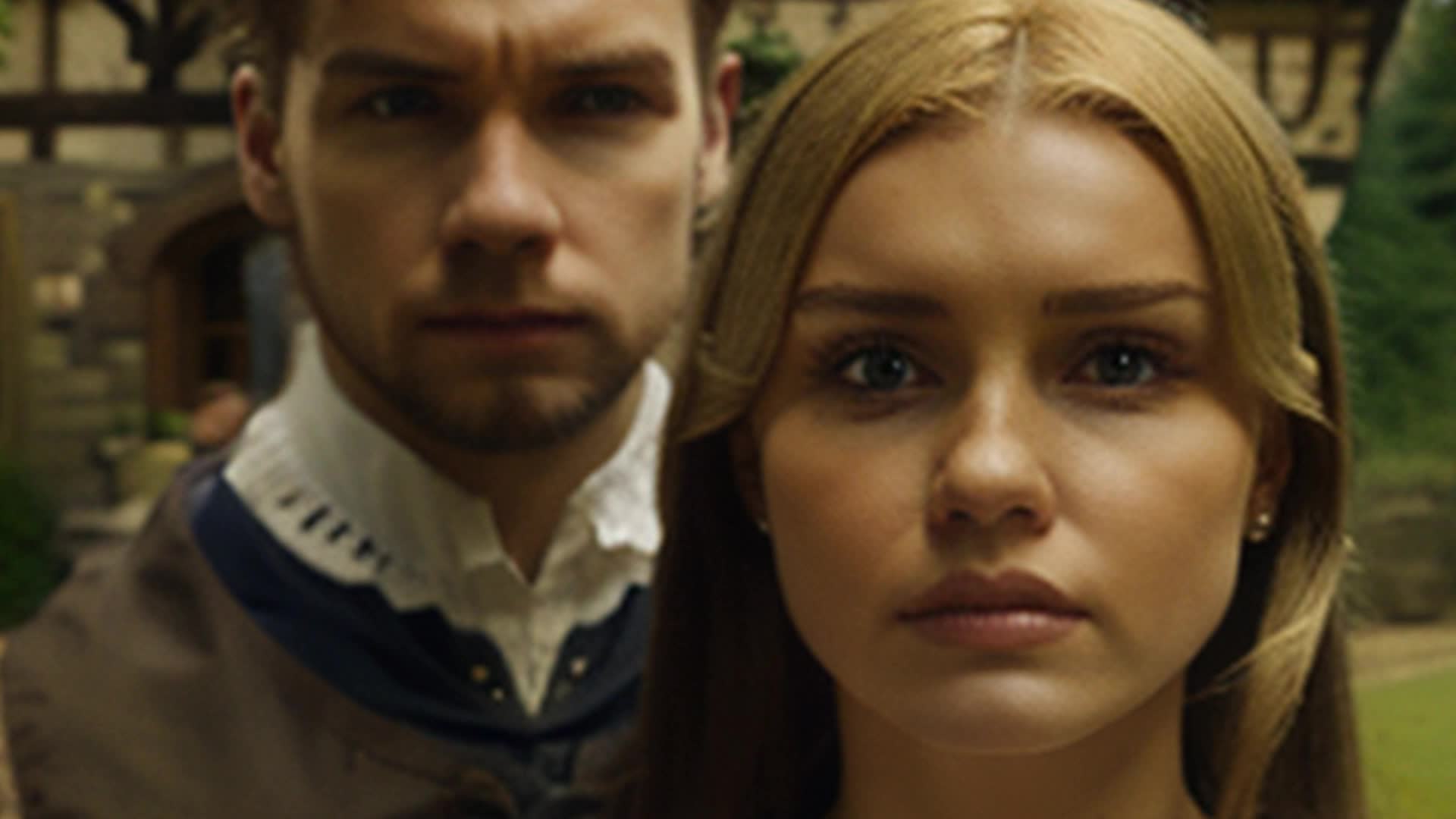 unhappy blonde woman and brunette man posing in front of an English tudor style house