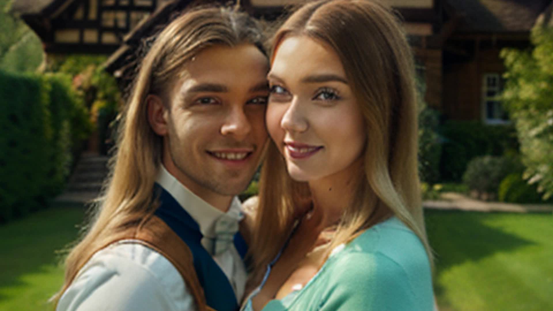 happy blonde woman and brunette man posing in front of an English tudor style house