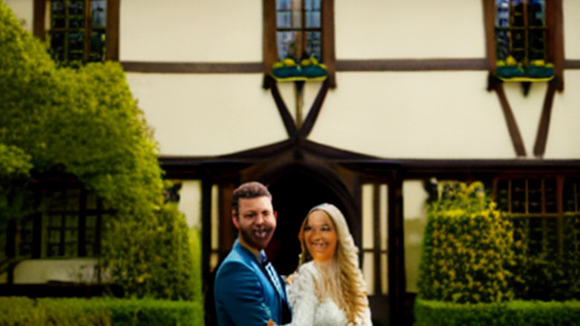 happy blonde woman and brunette man posing in front of an English tudor style house