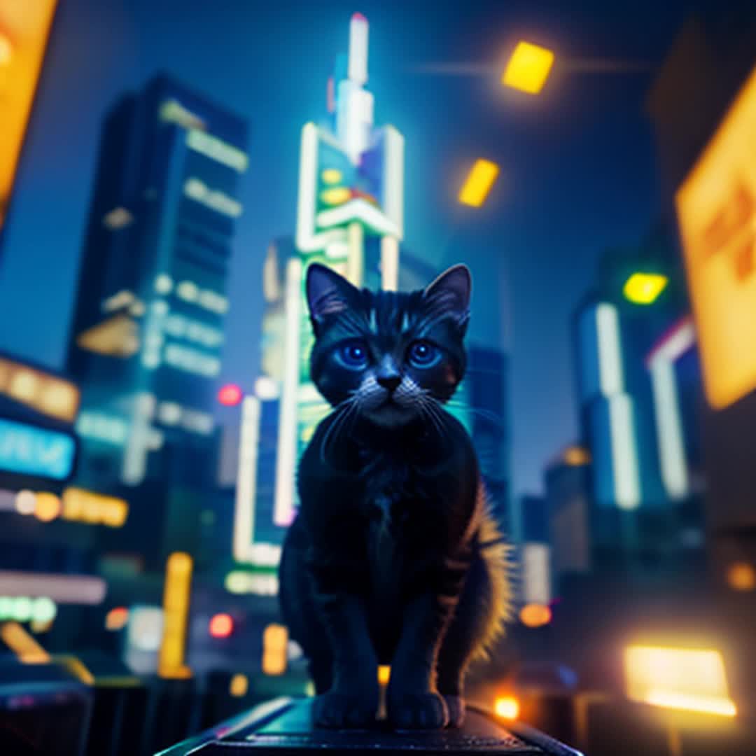 Tiny dwarf kitten cowering giant robot foot descending wide angle futuristic cityscape with towering skyscrapers and neon lights