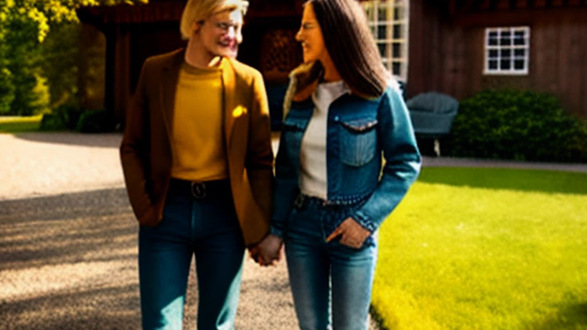 modern happy blonde woman and brunette man posing in front of an English tudor style house