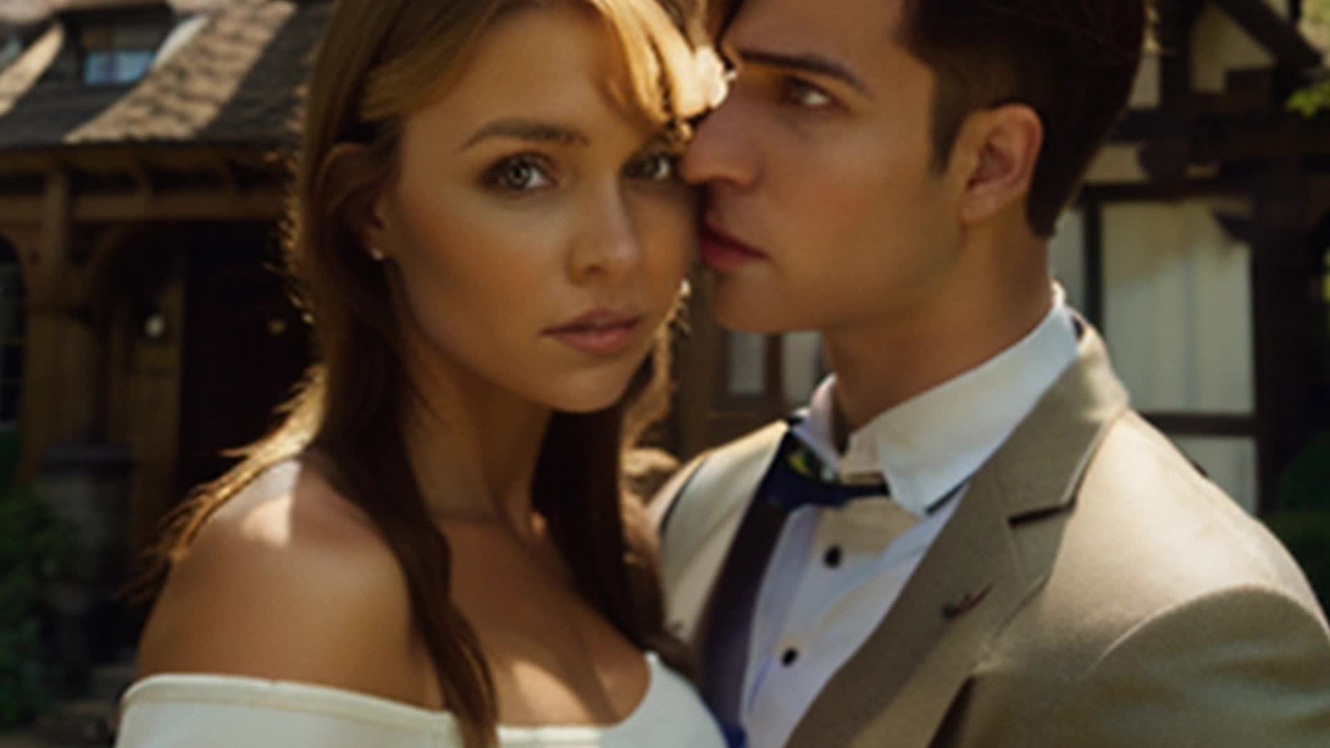 modern unhappy blonde woman and brunette man posing in front of an English tudor style house