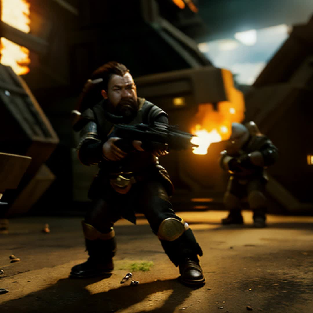 Angry futuristic dwarfs shooting blasters in an enemy compound