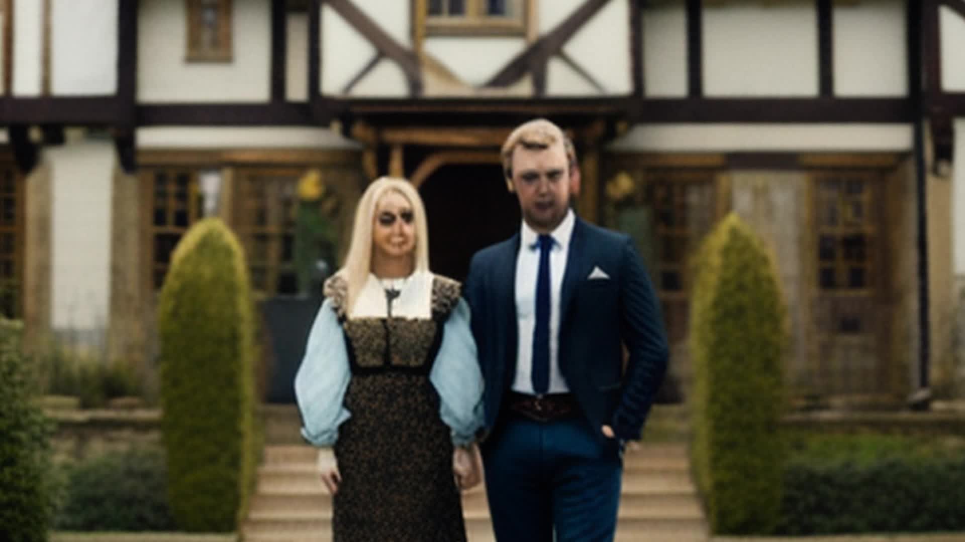 modern unhappy blonde woman and brunette man posing in front of an English tudor style house