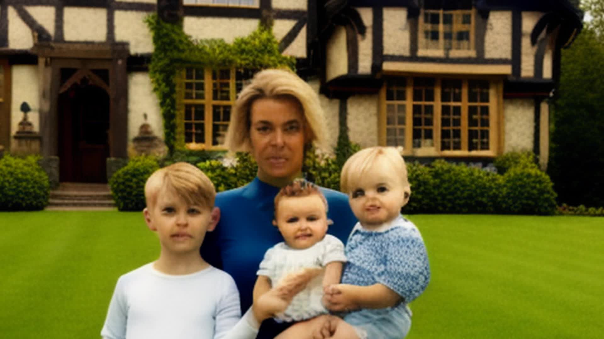 modern unhappy blonde woman and brunette man with 3 children posing in front of an English tudor style house