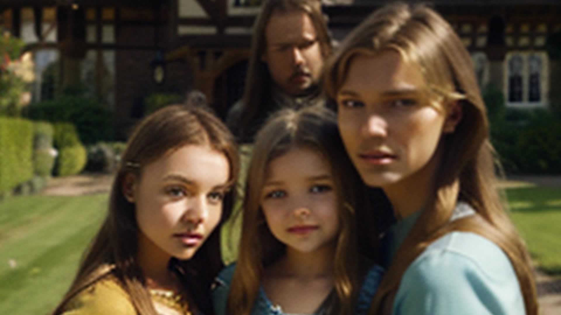 modern unhappy blonde woman and brunette man with 3 children posing in front of an English tudor style house