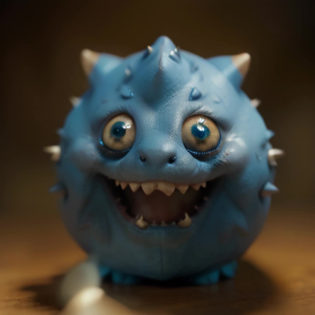 The image is a closeup of a small, round object with a light blue color It appears to be made of a soft, plush material and has a smooth texture The object has a round head with two large, round eyes and a small mouth with sharp teeth The eyes are large and round, and the mouth is wide open, revealing a pair of sharp, white teeth There are also small, pointed spikes on the top of the head, giving it a spiky appearance The background is a neutral orange color, making the object stand out