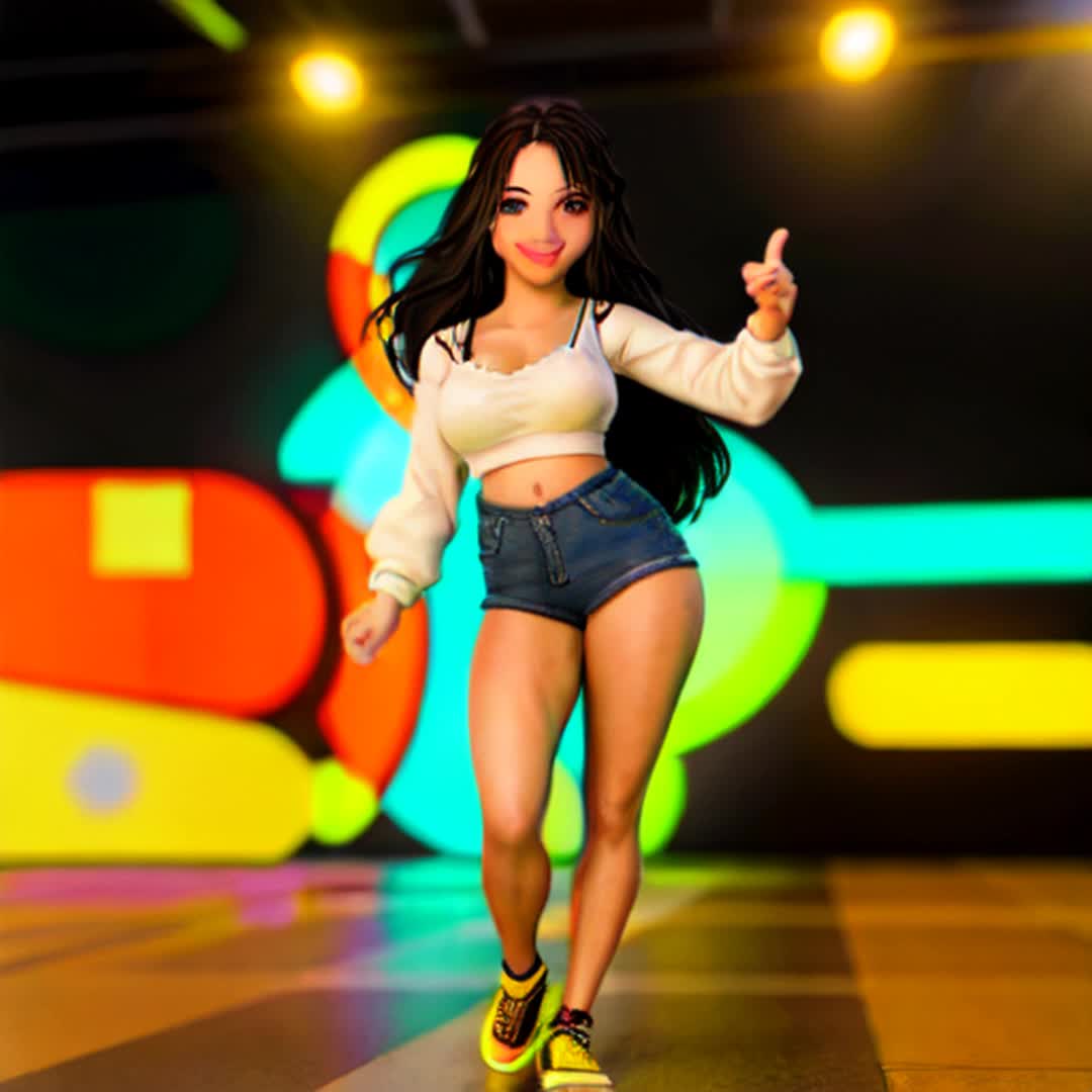 Smiling woman stylish outfit dancing pointing at camera playful beckoning Wide angle vibrant neonlit dance floor