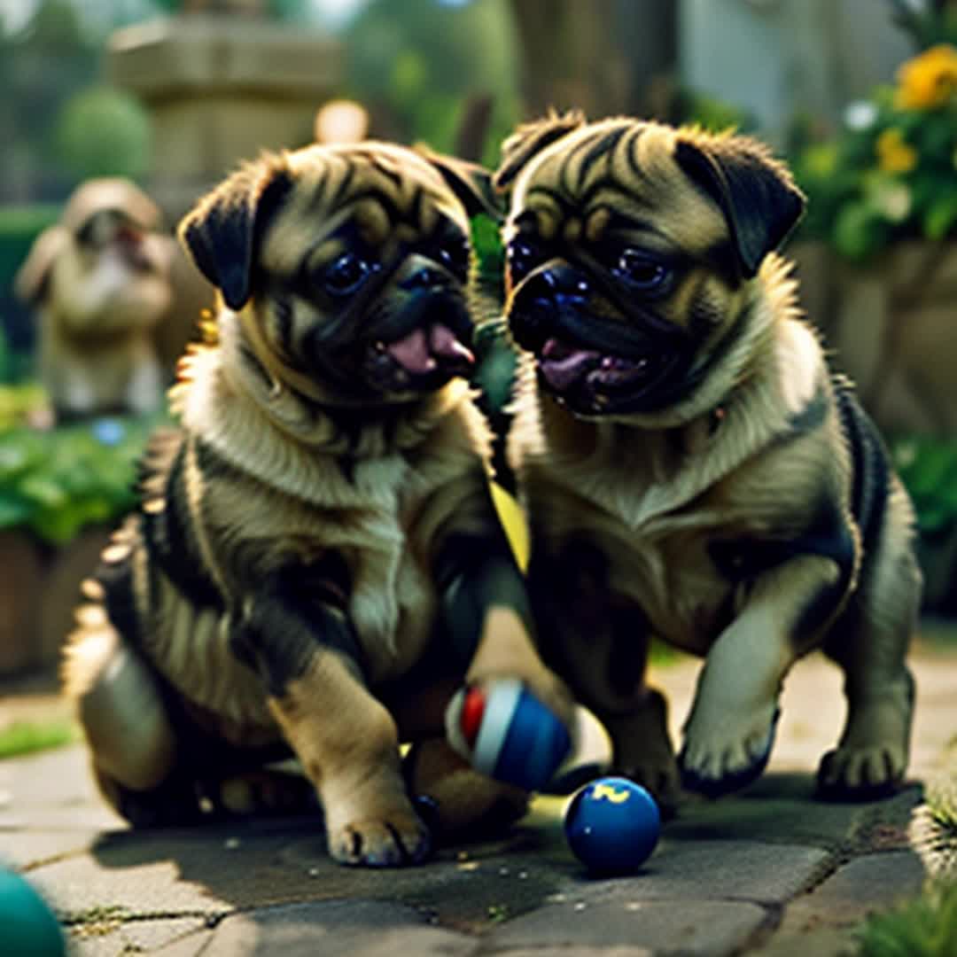 Group of pug puppies playfully wrestling over large bone close up laughter-filled garden with scattered toys