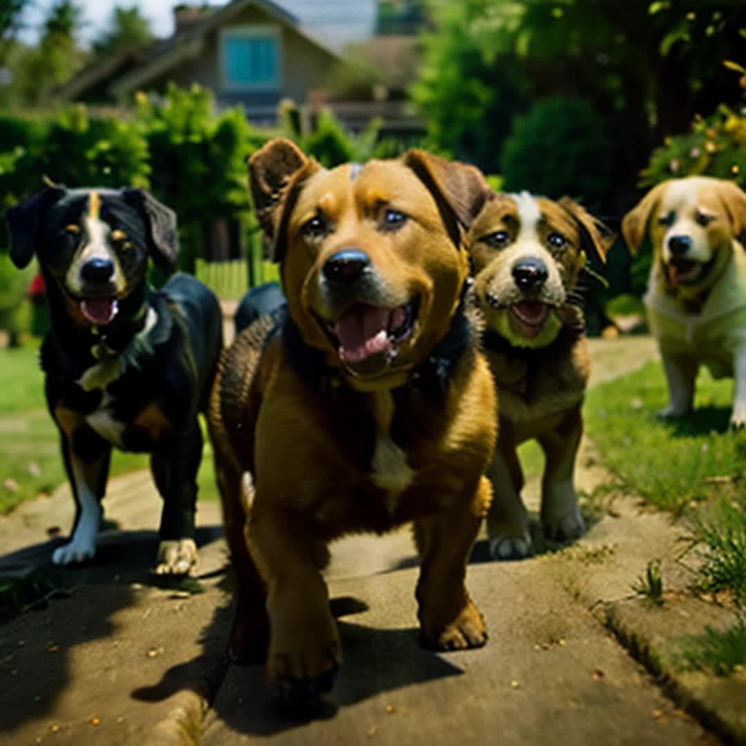 Multiple Labrador dogs energetically chasing toys wide angle lush green garden with soft earth