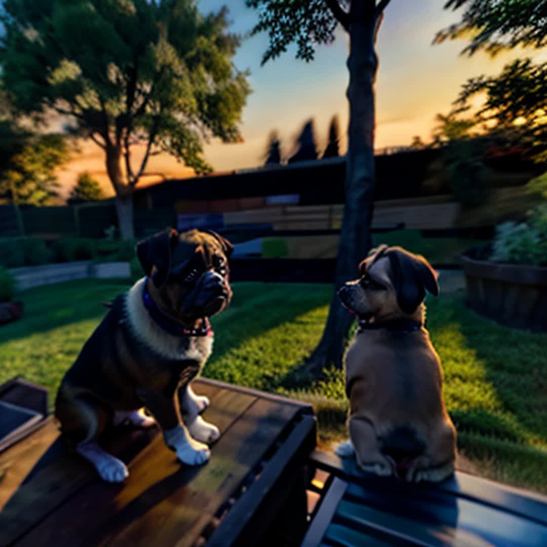 Labradors and pugs with children settling down at sunset fpv garden under brilliantly hued sky