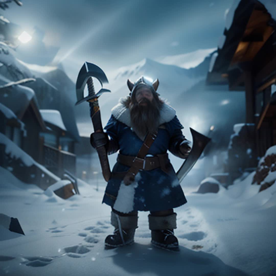 Dwarfs with axes and swords, clashing with snow beasts, defending vessel, wide angle, snowy expanse echoing with battle sounds