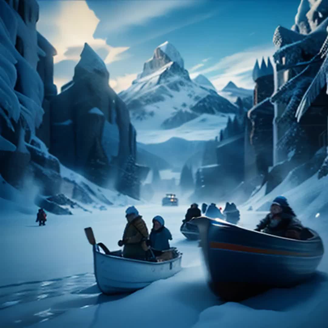 Mythical dwarfs in a cold snow capped place near igloos n ice castles with snow caps n sweaters n gloves with peaks n boats in mountain valley n boat riding