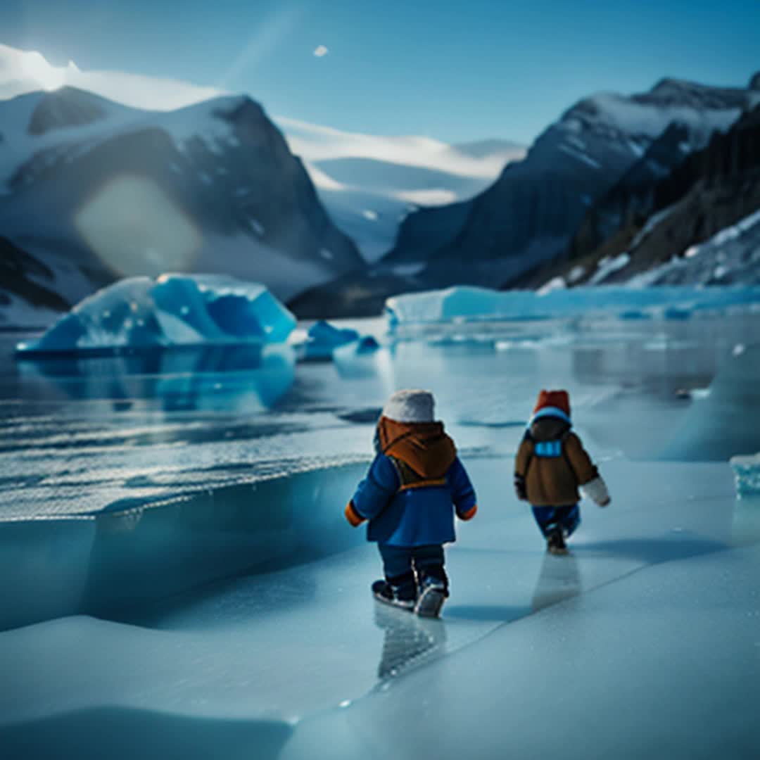 Small sturdy dwarfs, navigating through icebergs, huddled against cold, wide angle, icy mountain valley with floating icebergs