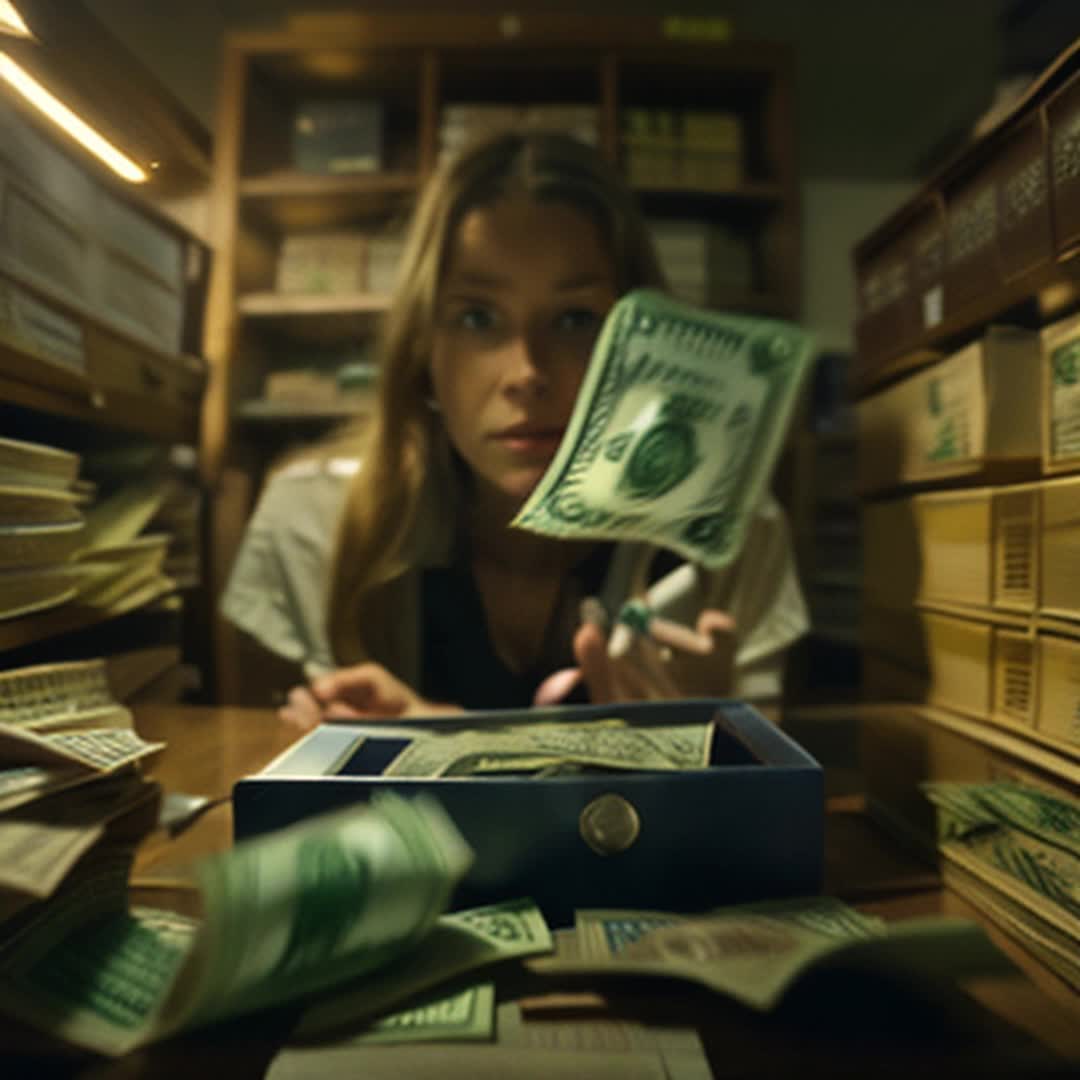 Julia in dimly lit room, swiftly sliding bank statements into safe box, eyes darting, clutching cash, initiating money transfer, beads of sweat forming, spinning around, locking safe, wide angle, cluttered office with shadows and flickering light