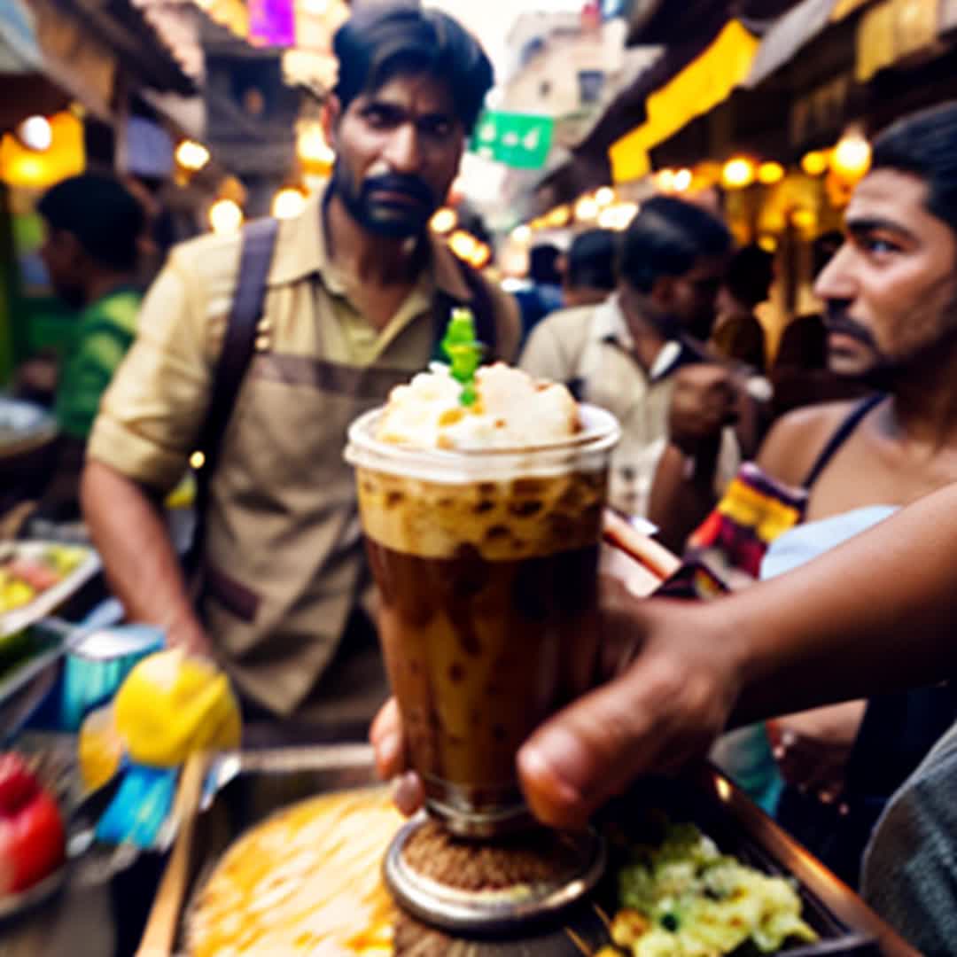 Veer in action at tea stall, serving coffee and throwing lassi, close up, chaotic street scene with vibrant market and passersby