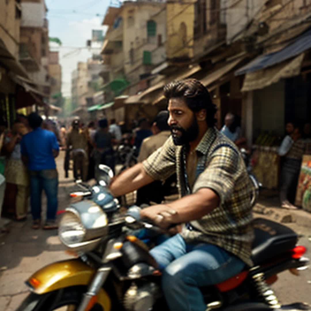 Veer behind modest tea stall, rogue bikers zoom past, towers of masala milk teetering, Veer serves distracted customer special filter coffee, dodges flying cola can, prepares lassi with swift wrist flick, throws to friendly face in crowd, bustling streets of Rajasthan, wide angle, chaotic urban scene with vibrant market backdrop