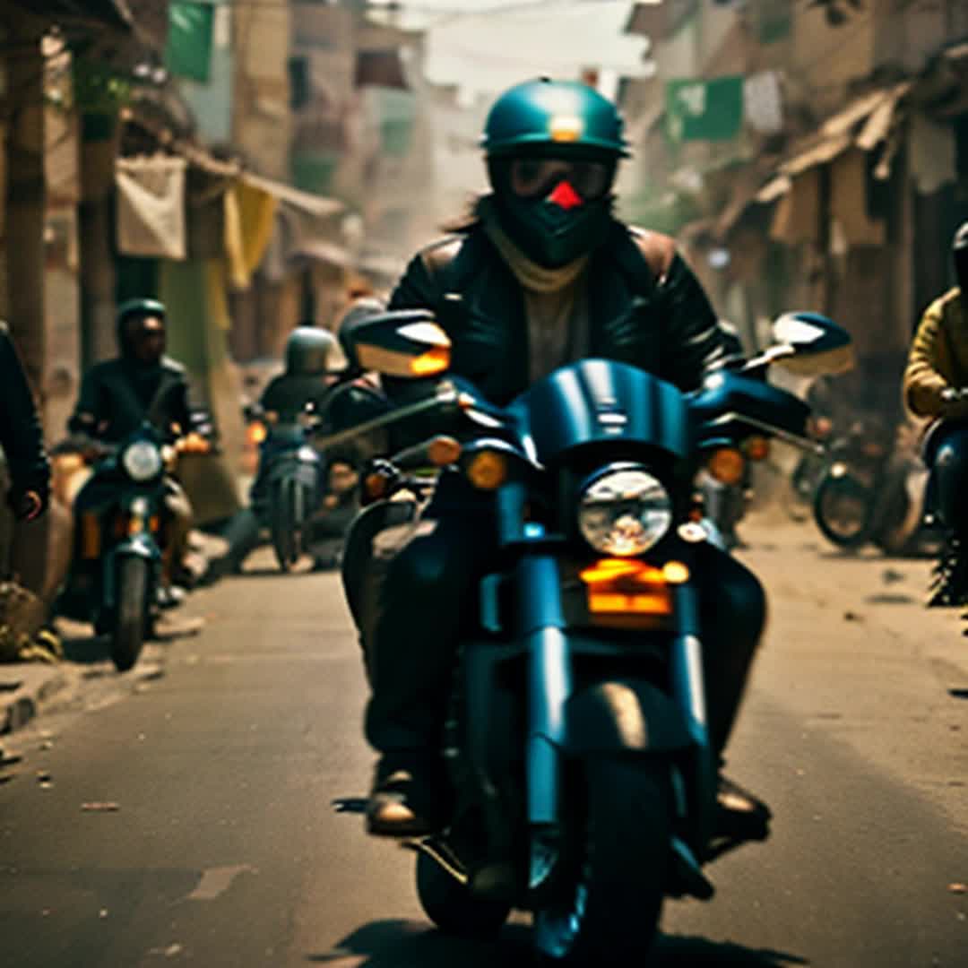 Group of rogue bikers in leather gear, zooming recklessly, wide angle, dusty bustling streets of Rajasthan with colorful bazaars