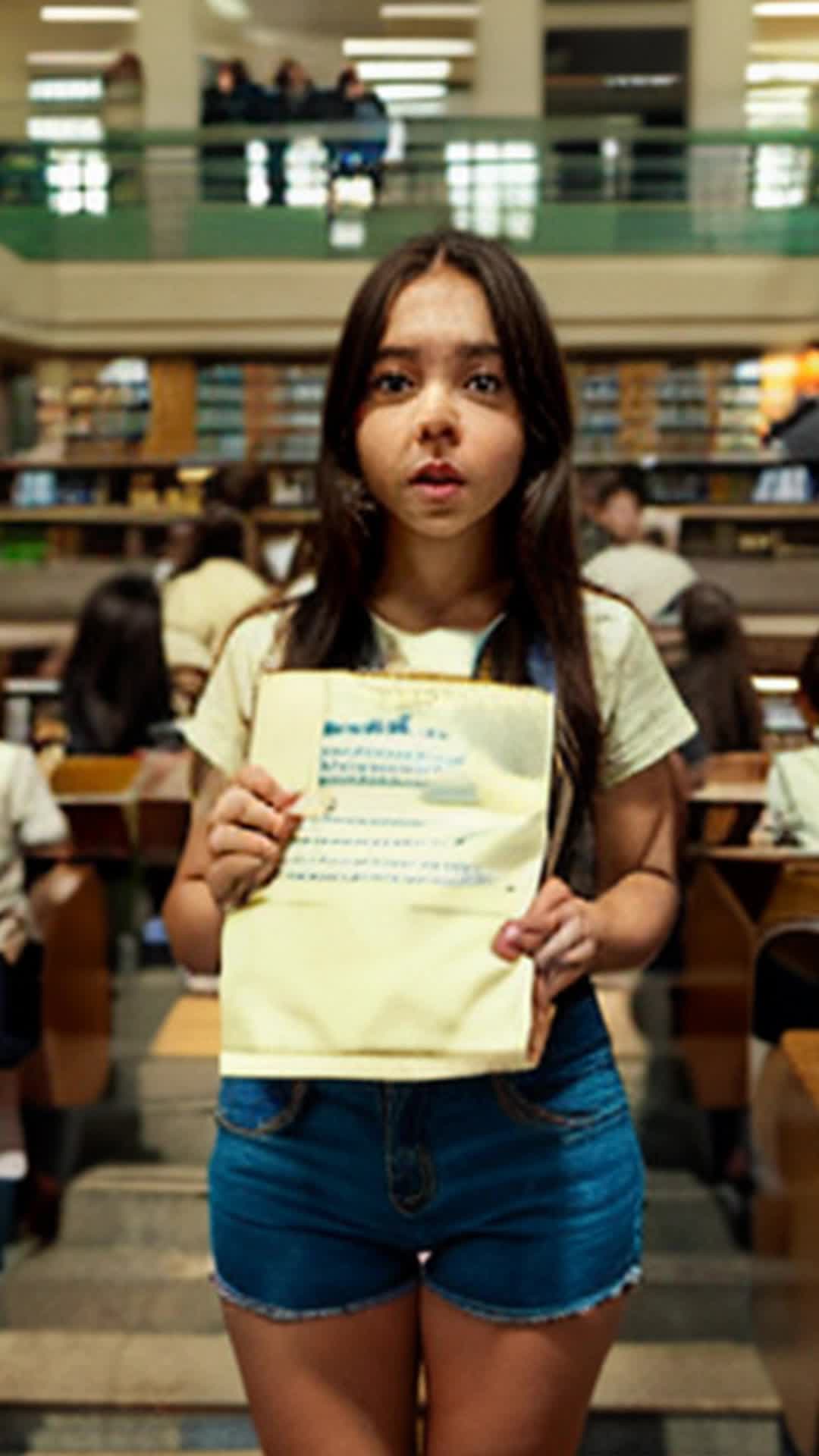 Young girl clutching handwritten pages nervously steps onto stage wide angle local library filled with eager children and parents