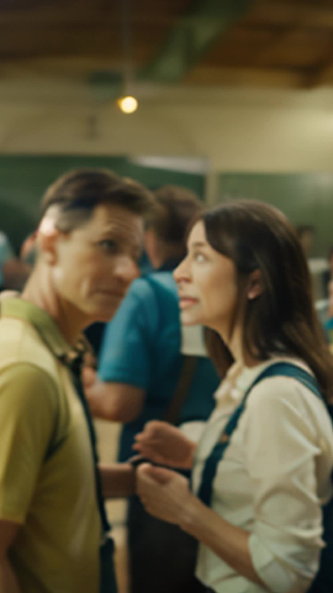 Emily's parents exchange awe-filled glances, decide on art academy enrollment, close up, amidst applauding crowd in school hall