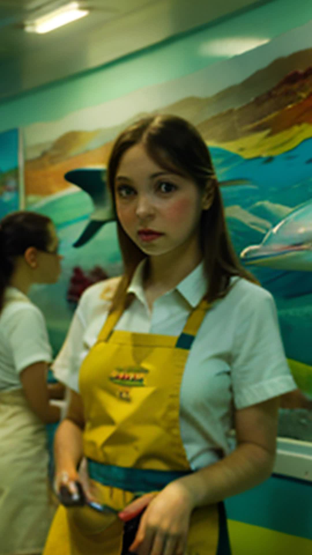 Emily in paint-smeared apron reveals mural, hands trembling, vibrant underwater scene with corals dolphins, wide angle, school art show hall filled with students parents artwork