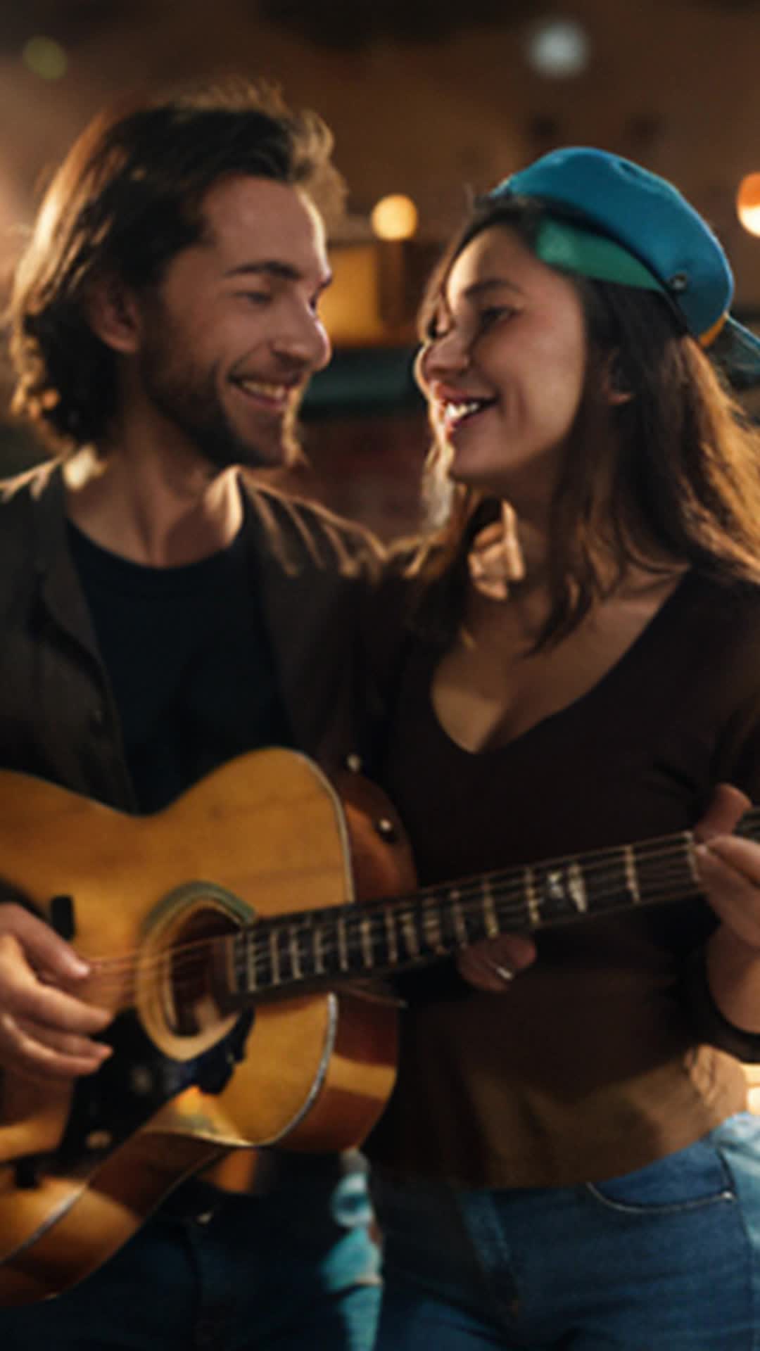 Parents exchanging proud glances as final guitar chords resonate wide angle emotional scene auditorium bathed in soft lighting with audience in rapt attention