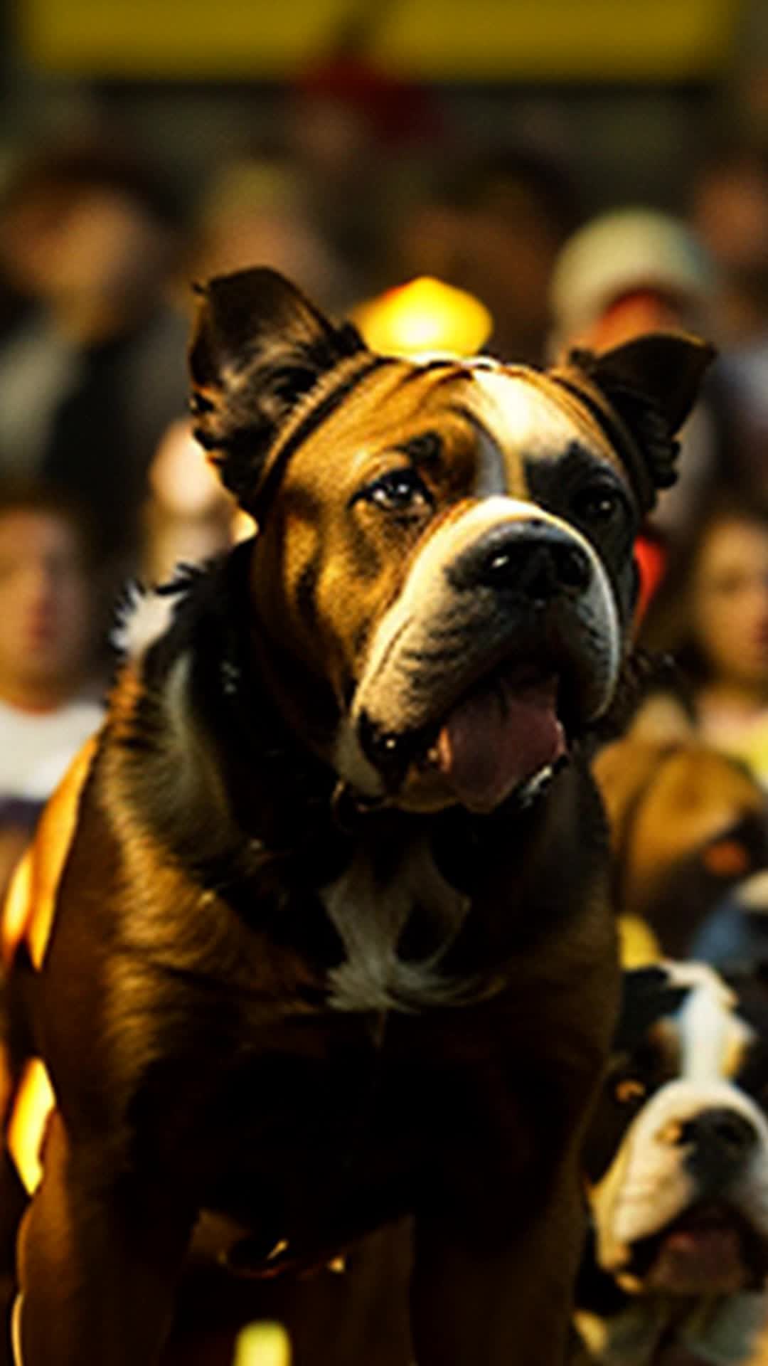 Crowd of spectators cheering Bulldogs straining close up Bulldogs' determined expressions and powerful legs