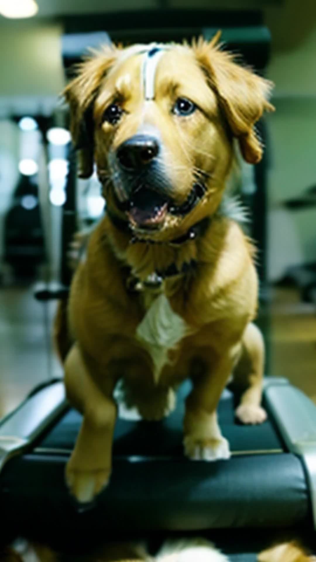 In a bustling canine gym, a Golden Retriever in a sweatband enthusiastically runs on a treadmill, inspiring a viral video series that showcases pets getting fit.