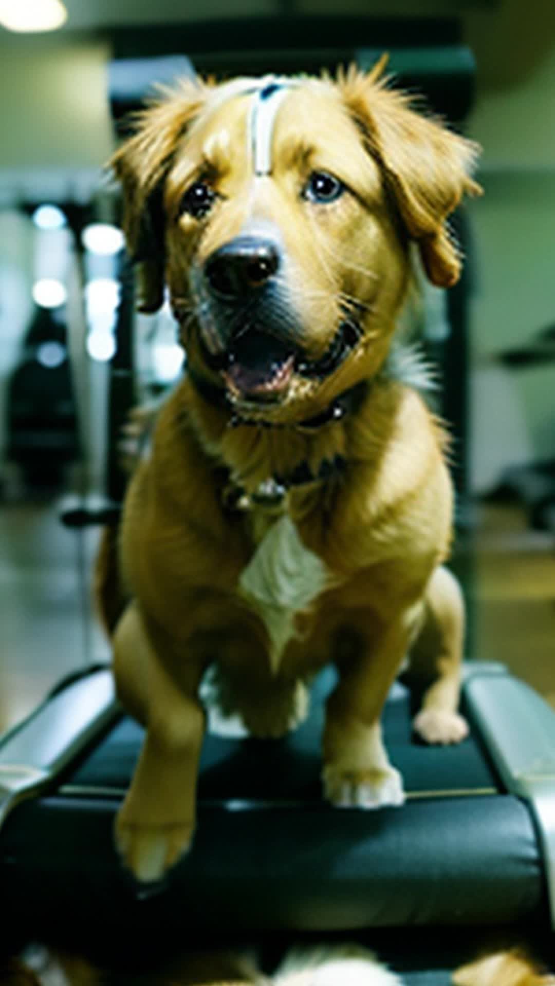 Golden Retriever with sweatband leaps onto treadmill wide angle bustling canine gym