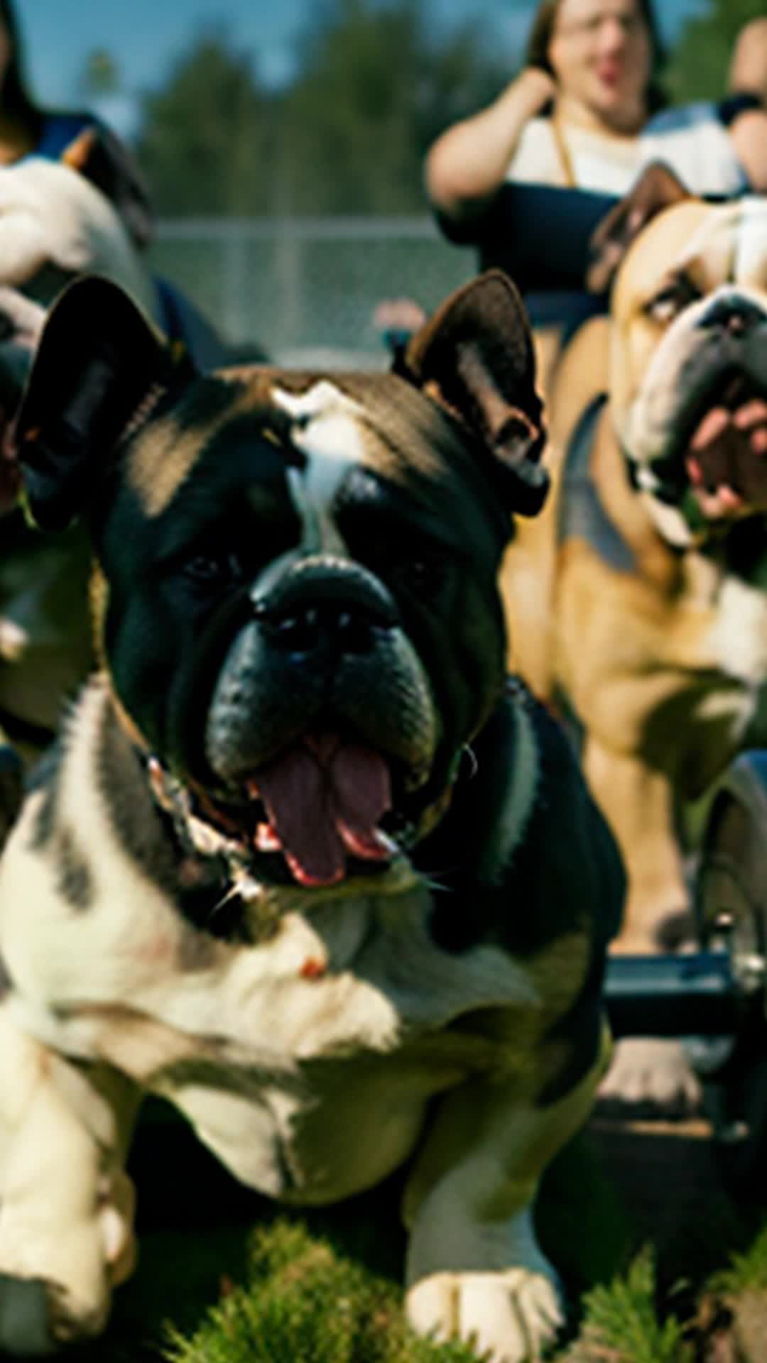 Three muscular Bulldogs jaws clamped on weights straining lifting weights wide angle grassy field with excited spectators