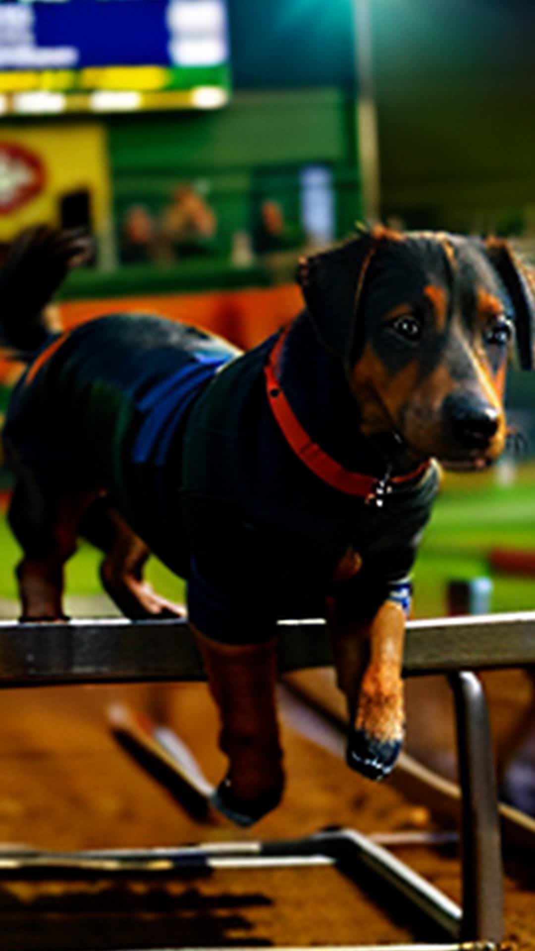 Agile Dachshunds in miniature tracksuits, Leaping over low hurdles, Wide angle, Race track with series of hurdles