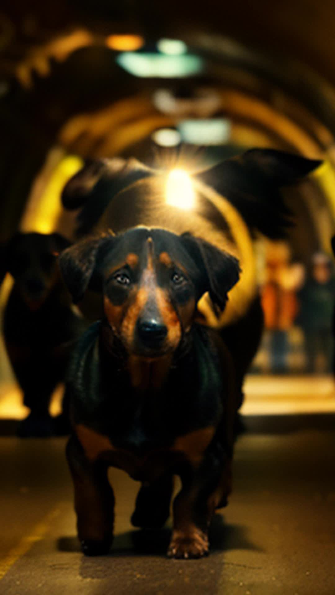 Enthusiastic Dachshunds navigating final tunnel, Cheering crowd in background, Wide angle, Tunnel exit with excited onlookers