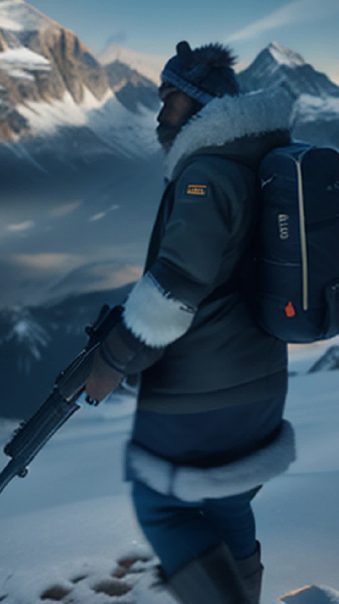 Lone hunter clad in fur-lined winter gear grips advanced laser rifle ancestral dragon circles menacingly above snowy Alps wide angle snow-capped Alpine peaks