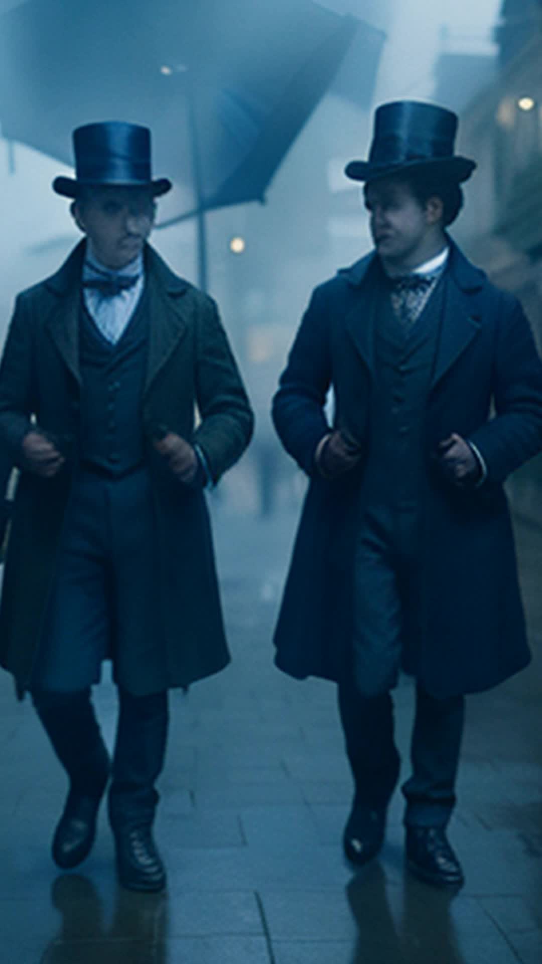 Two seasoned monster hunters in Victorian attire cautiously navigate foggy streets eyes piercing through mist searching for elusive beast wide angle foggy Victorian London streets