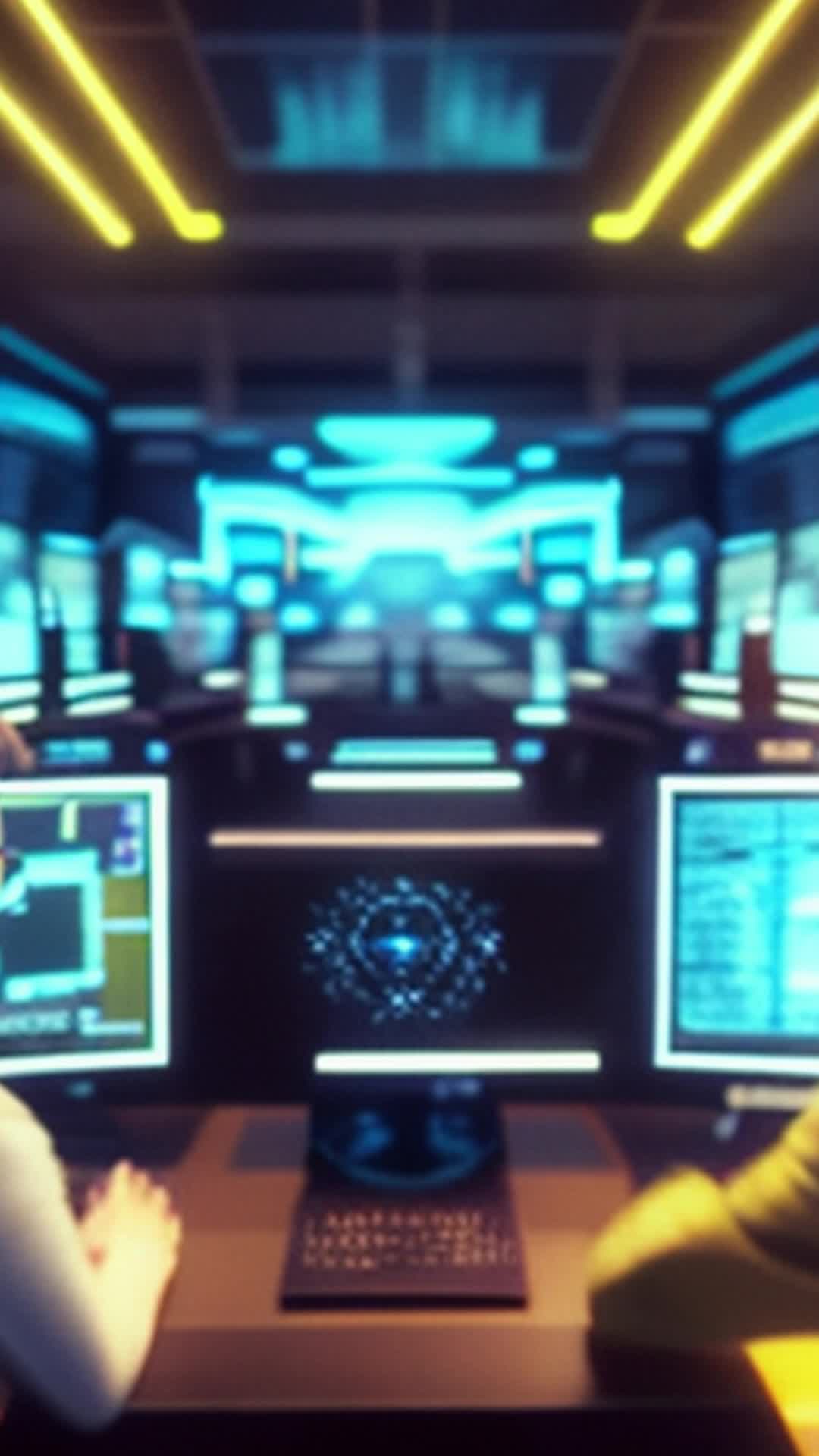 Futuristic AI overseers in a command center of 2070, allocating resources, screens flickering with algorithms, wide angle, bustling high-tech environment with glowing interfaces and digital maps