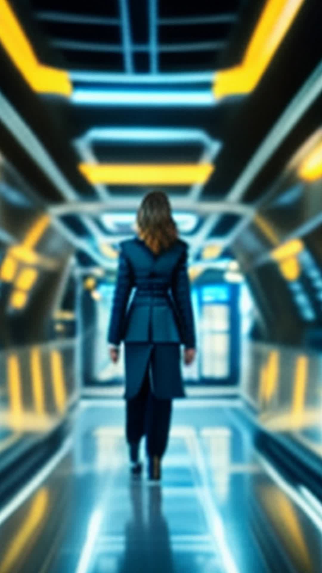 Jenna in futuristic attire dashes through terminal wide angle metallic floors of 2145 cloud city