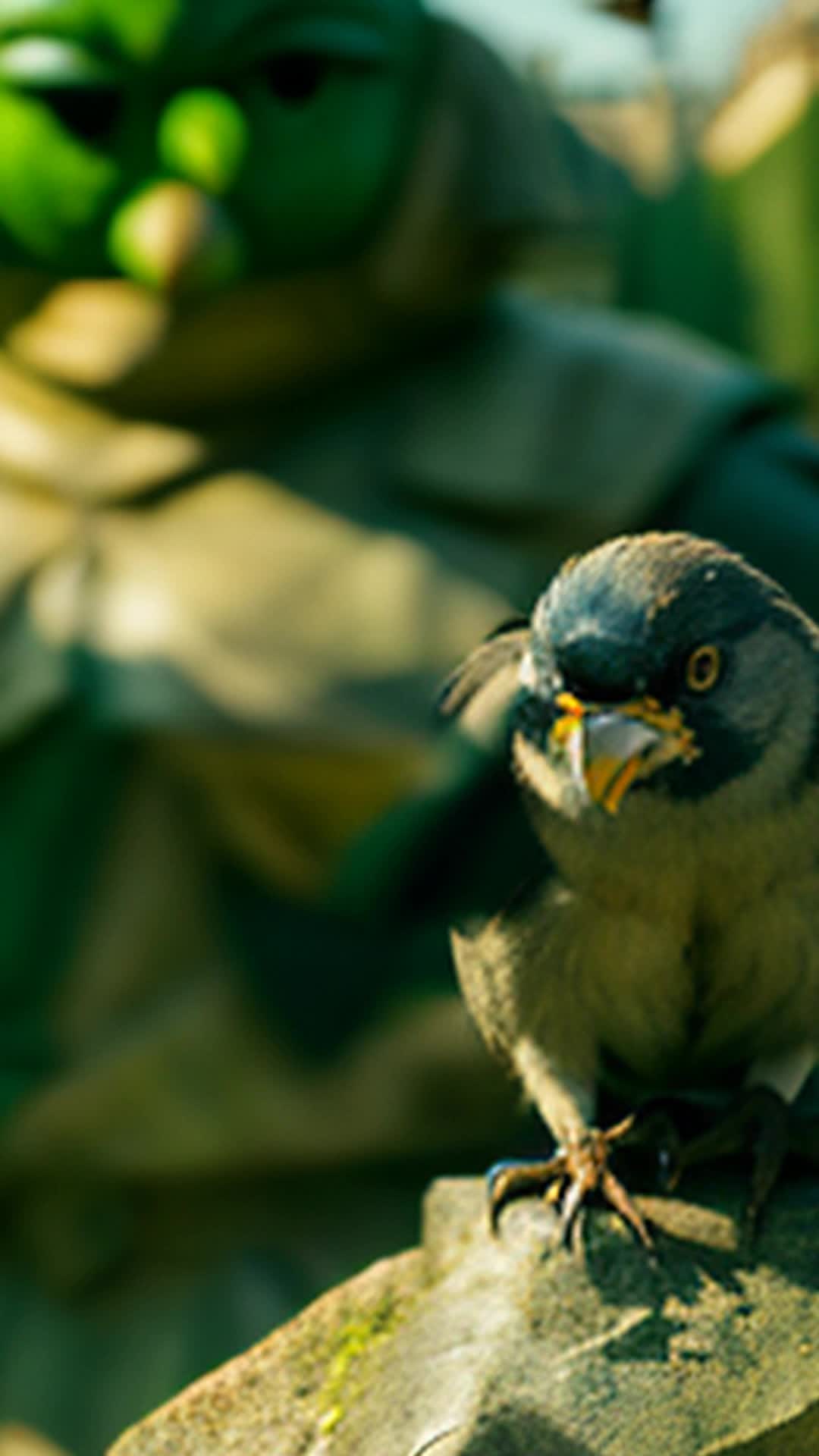 Tiny-eyed Hugo, determination shining, forms bonds with lively sparrows, chirping and dancing, wide angle, around ancient weathered statues in the background of Versailles' expansive gardens