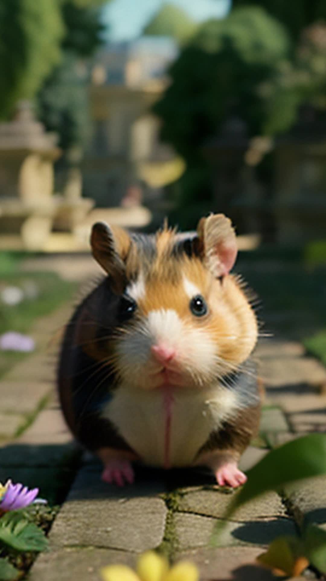 Hugo the courageous hamster, heart pounding, darts from cage, scampering across Versailles' vast gardens, skillfully zigzagging through dense flowers, narrow escape from curious cat's swipe, close up, lush Versailles garden with blooming flowers and grand pathways