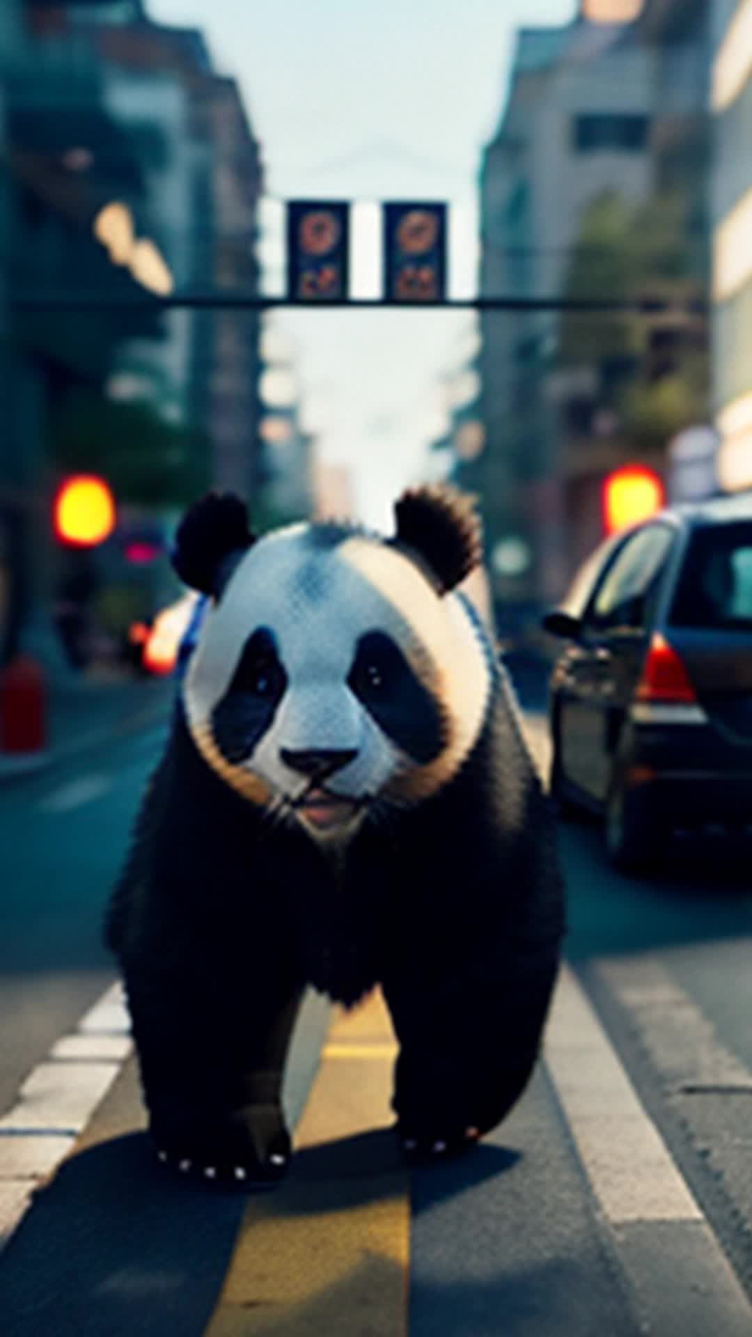 Curious panda Pablo lumbers through bustling Beijing streets dodging bicycles amused pedestrians eyes wide in wonder wide angle vibrant urban landscape