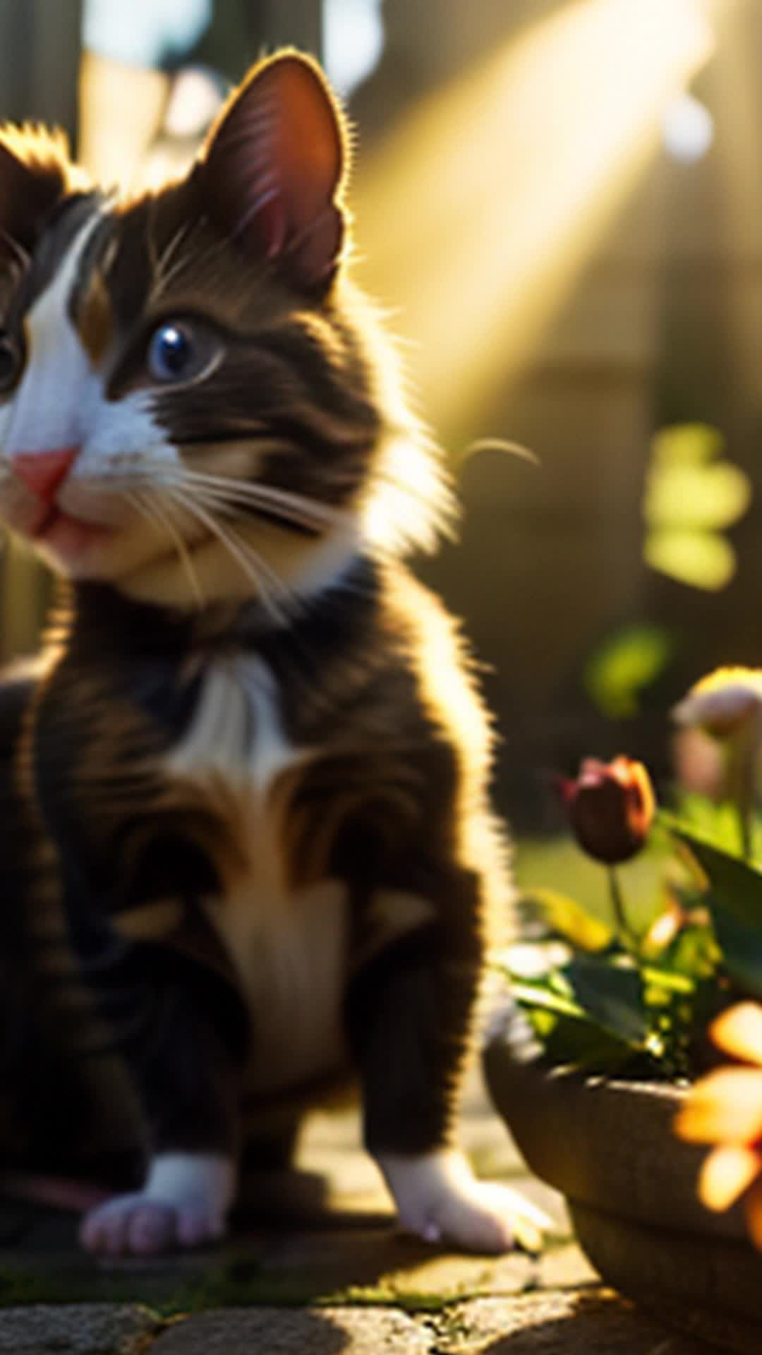 Curious cat, paw raised, swipes at darting hamster, close up, dense colorful flowerbeds of Versailles as backdrop, sunlight filtering through petals