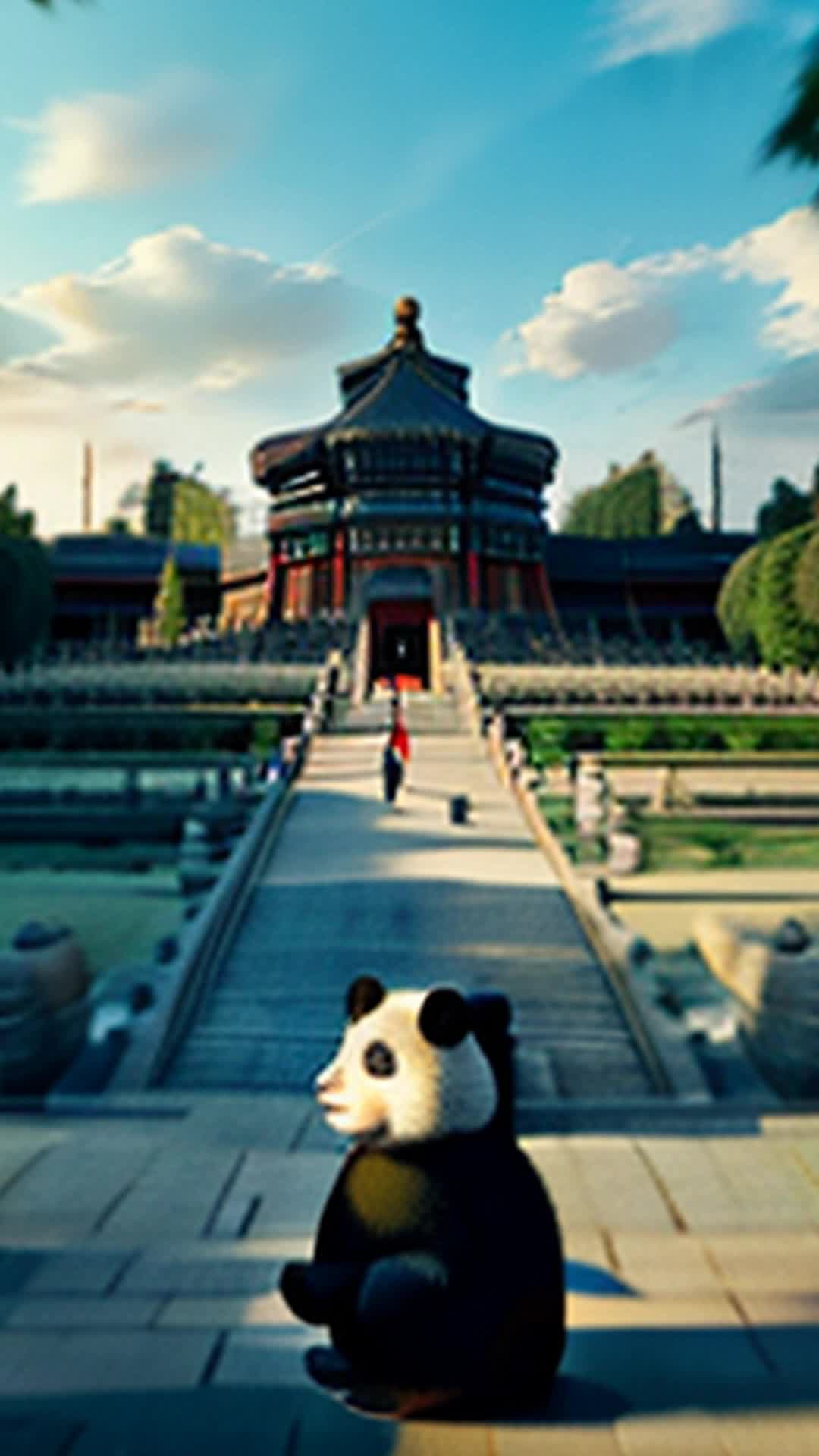 Pablo the panda quietly marvels at serene Temple of Heaven contrasting chaotic city outside fpv peaceful temple grounds