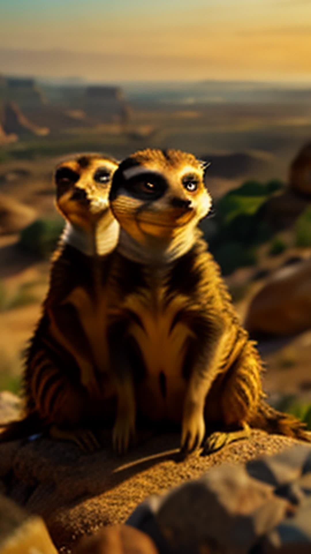 Mika vibrant meerkat leader siblings agile meerkats scurry navigate rocky terrain Pride Rock agile leaps wide angle rocky terrain of Pride Rock red-orange horizon