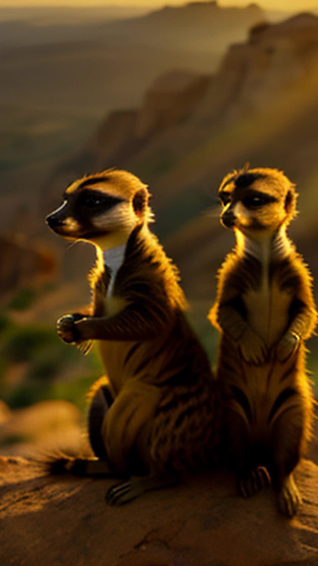 Mika vibrant meerkat leader siblings agile meerkats orchestrate brisk climb red-orange horizon beckons faster wide angle rocky ascent of Pride Rock early morning light