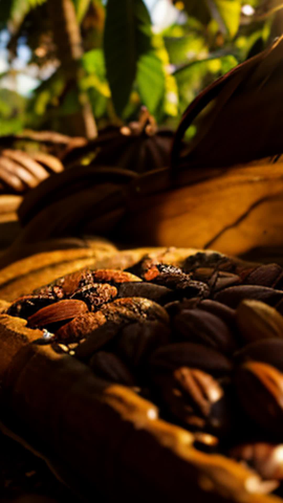 Cocoa beans journeying from seeds to chocolate bars, tropical climates, undergo fermentation drying roasting, wide angle, lush cocoa plantations under bright sun