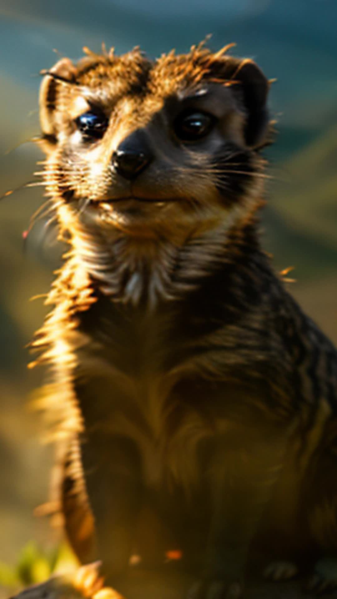 Mika vibrant meerkat leader siblings agile meerkats reach summit sun crests revel in dawn light adventure triumphs wide angle summit of Pride Rock flooded with dawn light