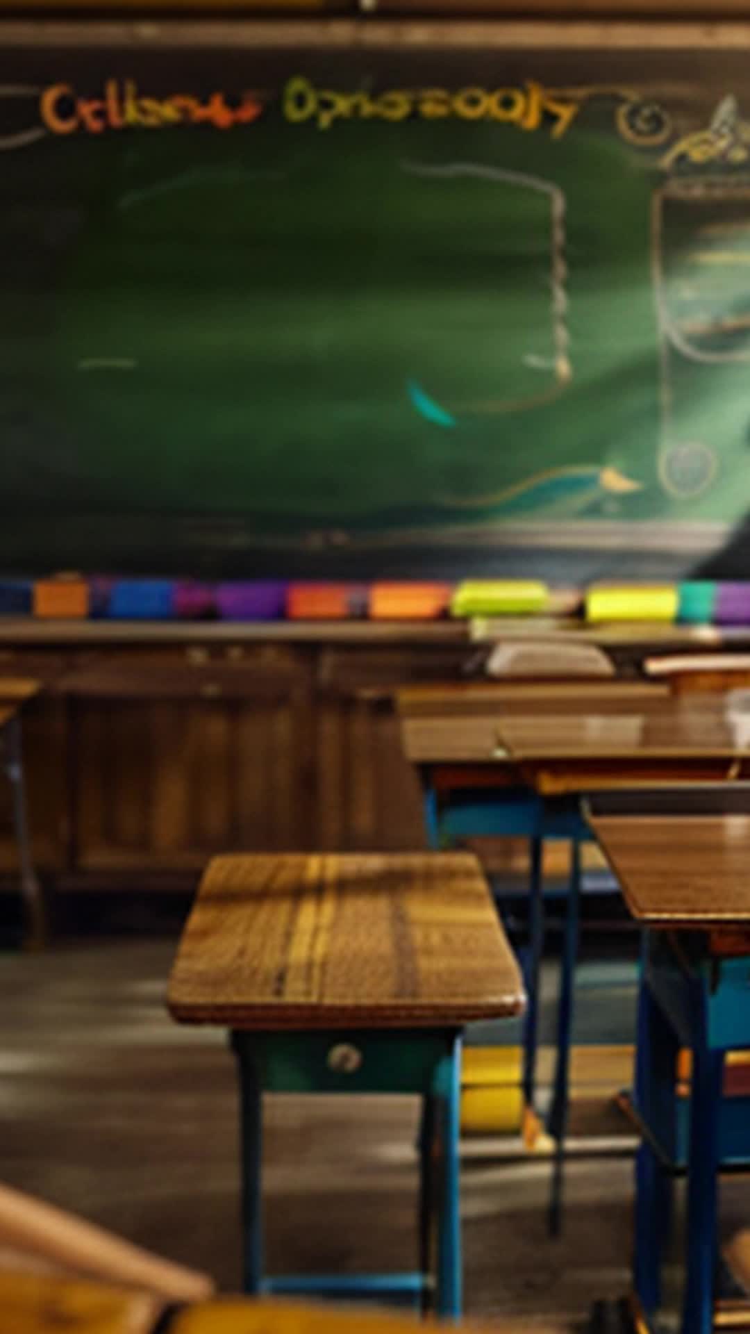 Colorful crayons from early 20th century, Children drawing vividly, Wide angle, Vintage classroom with wooden desks and chalkboard