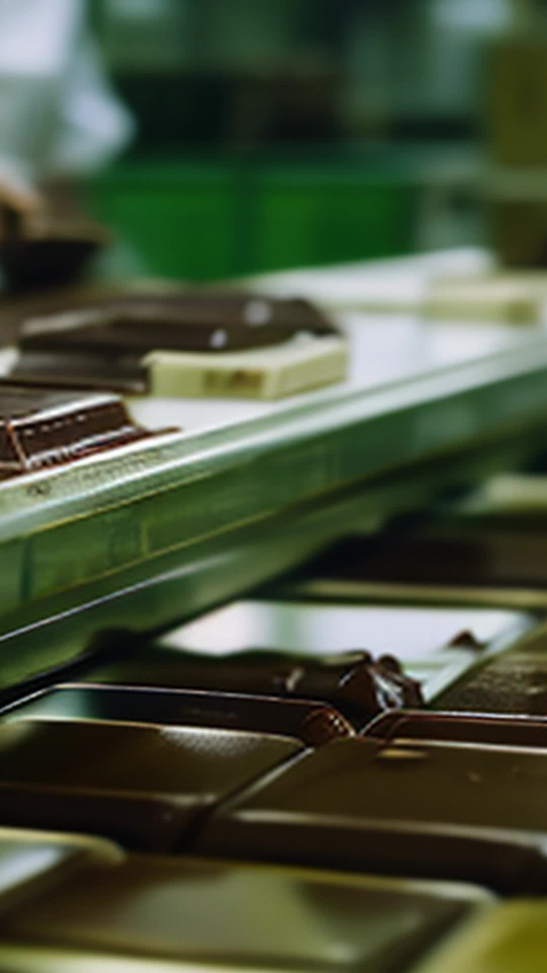 Chocolate bars freshly made, being packaged, close up, bustling chocolate factory with workers and machinery